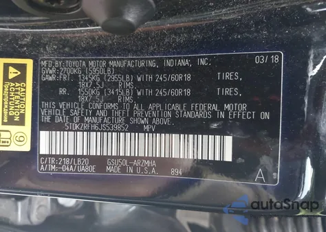 2018 Toyota Highlander Xle из США, поврежденный, VIN 5TDKZRFH6JS539852